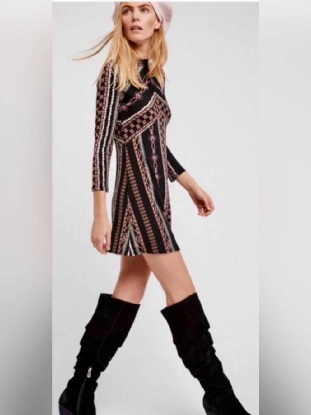 Free People Stella Print Mini Dress High Neck Bracelet Sleeves Sz S